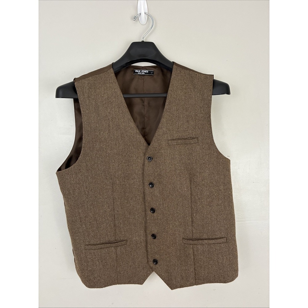 Paul Jones Wool Vest Brown Herringbone Mens L Tweed Button Front Waistcoat